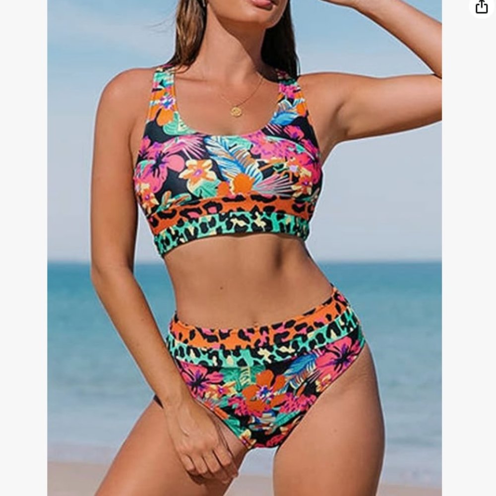 Hilinker Women’s High Waisted Racerback Tropical Print Colorblock Bikini